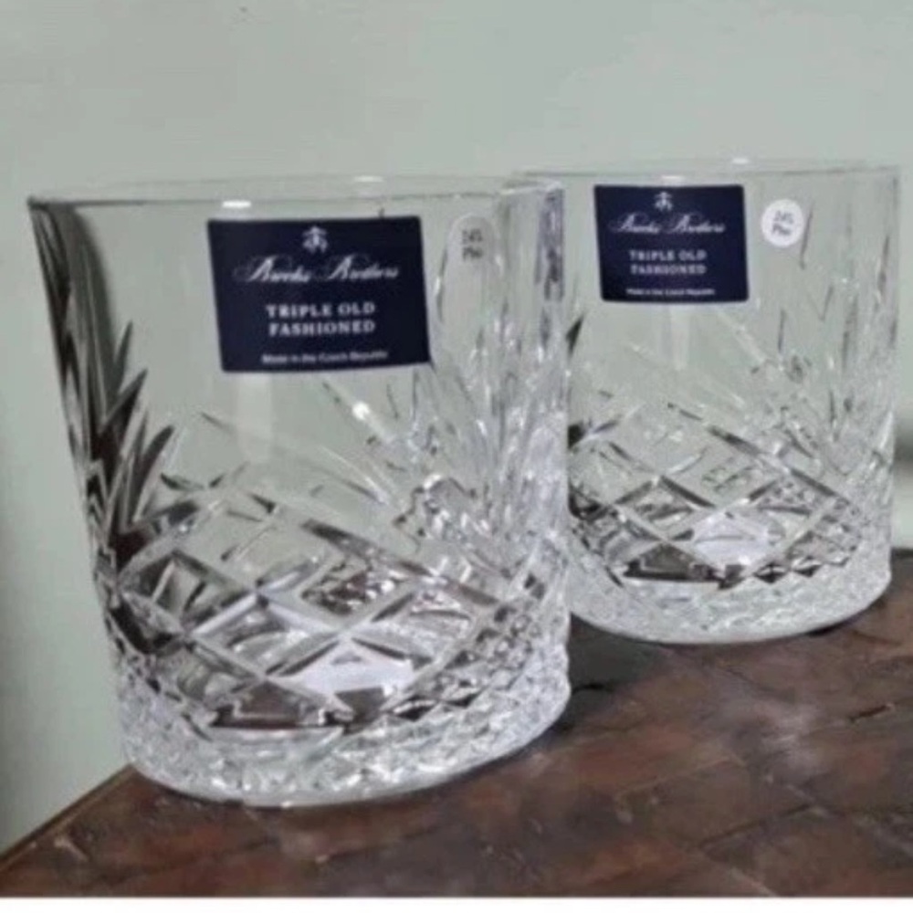 2 Brooks Brothers Triple Old Fashioned Euro Crystal Whiskey Glasses Czech New
